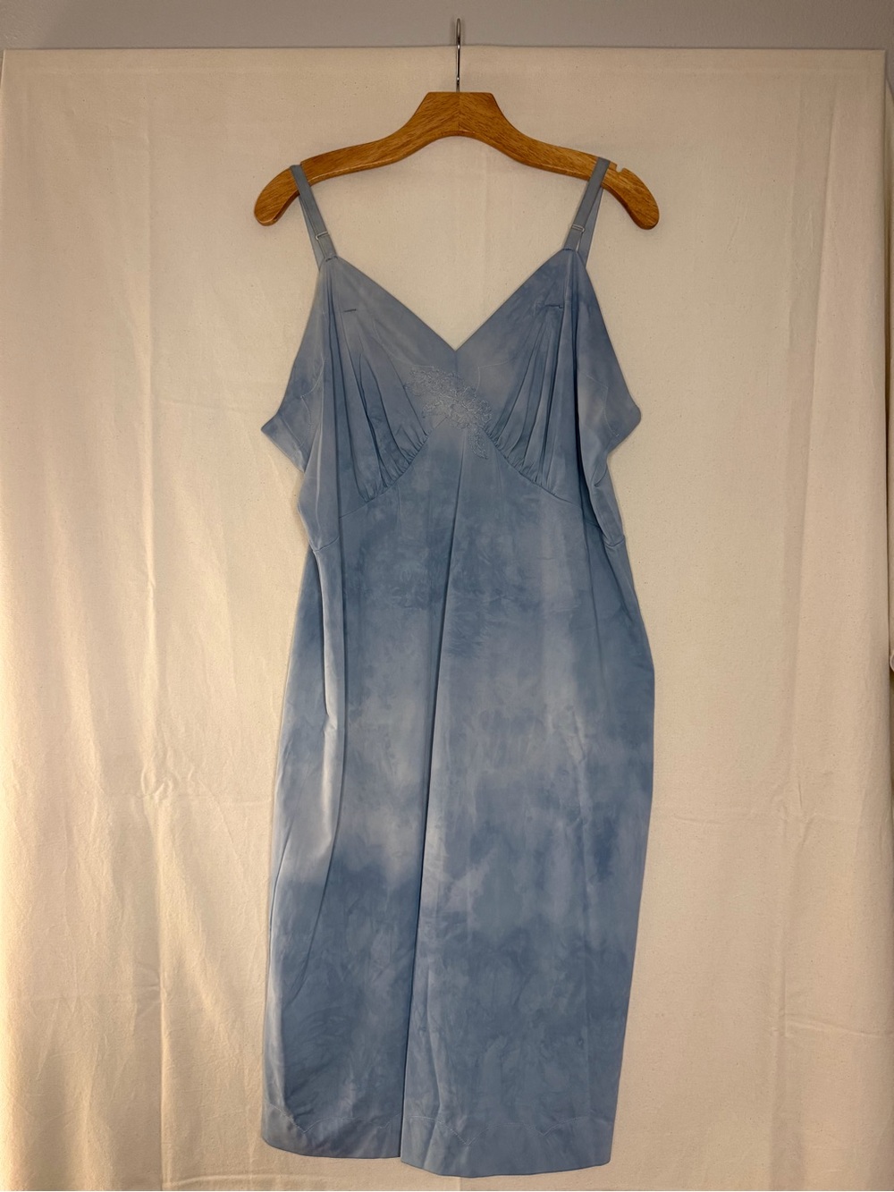 Beautiful Vintage Hand Dyed Silky Blue V-Neck Slip Dress with Adjustable Straps